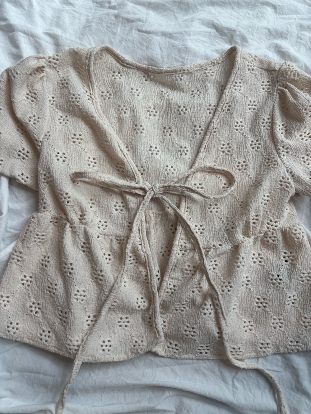 Tie-Front Eyelet Knit Blouse in Cream